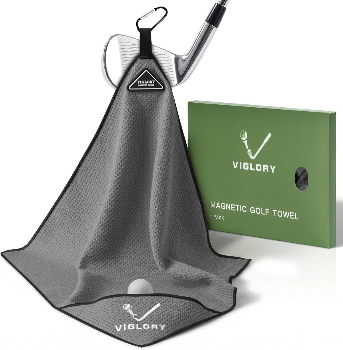 Magnetic Golf Towel 18"X18" with Cleaning Pocket, No-Bend Back Saver Design, Ultra Absorbent Waffle Microfiber Club Ball Cleaner, Golf Accessories and Gifts for Men Women (Grey)